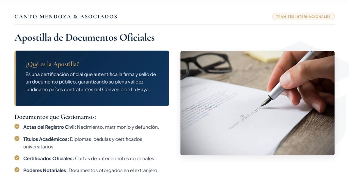 Canto Mendoza and Asociados official documents apostille service information with document signing photo