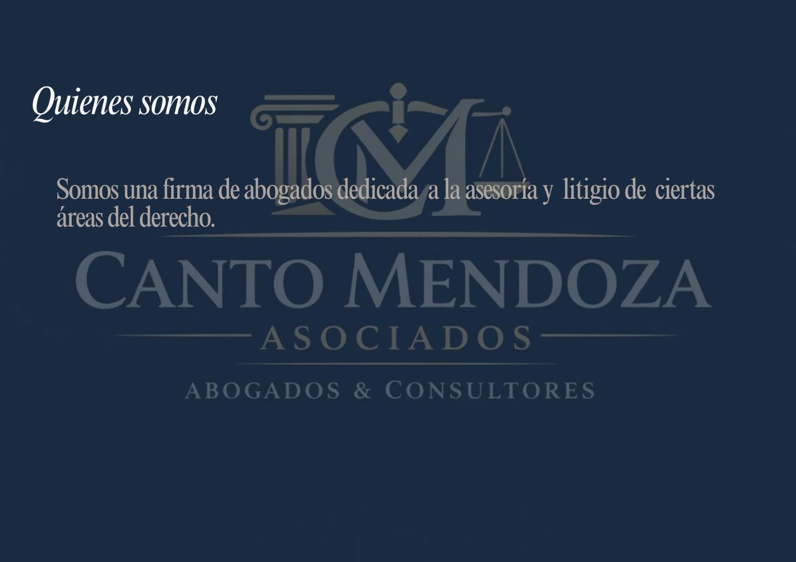 Canto Mendoza Asociados law firm logo with scales of justice icon and Spanish description on dark blue background