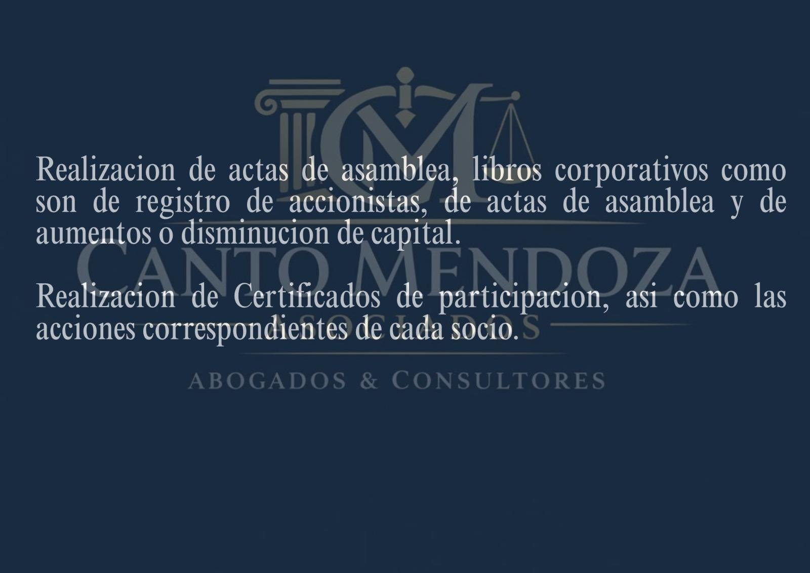 Legal services banner with scales of justice icon and Spanish text about corporate documents and shareholder participation