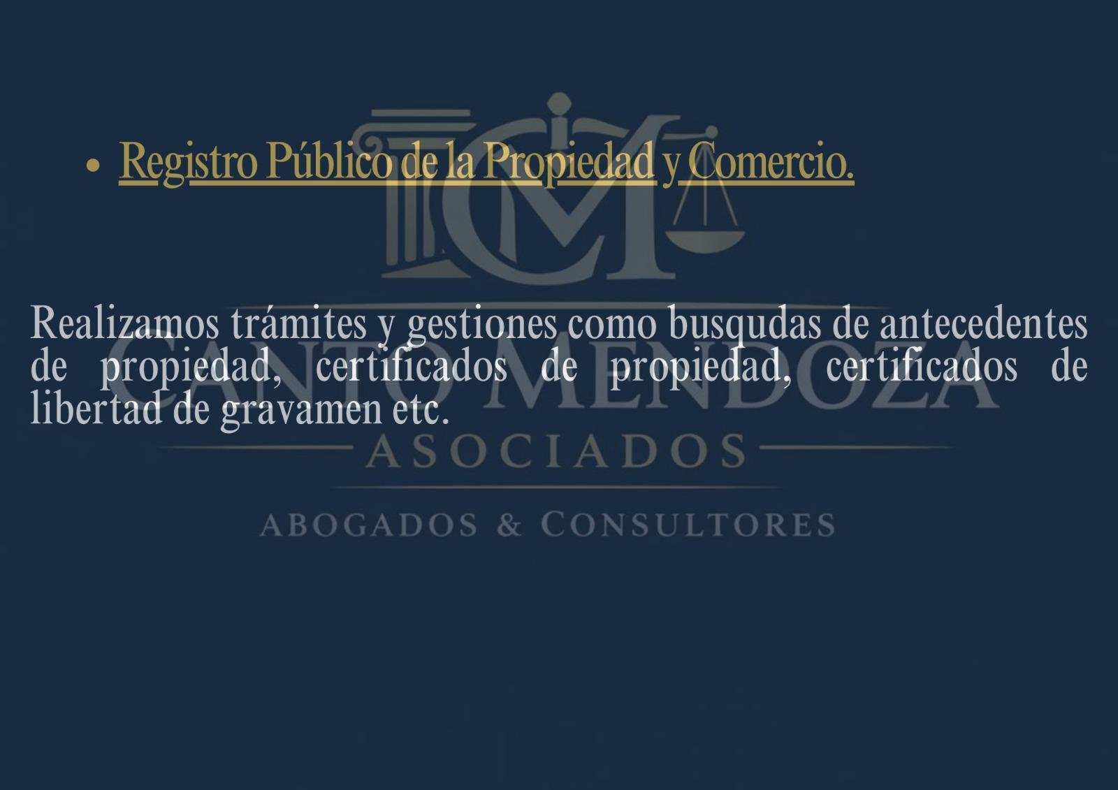 Law firm website header with logo and Spanish text about property and commercial registry services