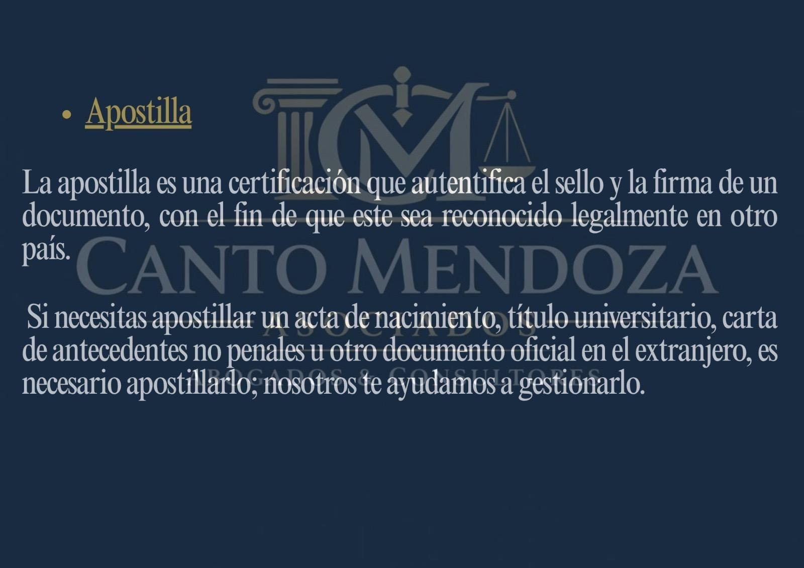 Apostilla legal certification document with scales icon and Spanish text explaining apostille requirements