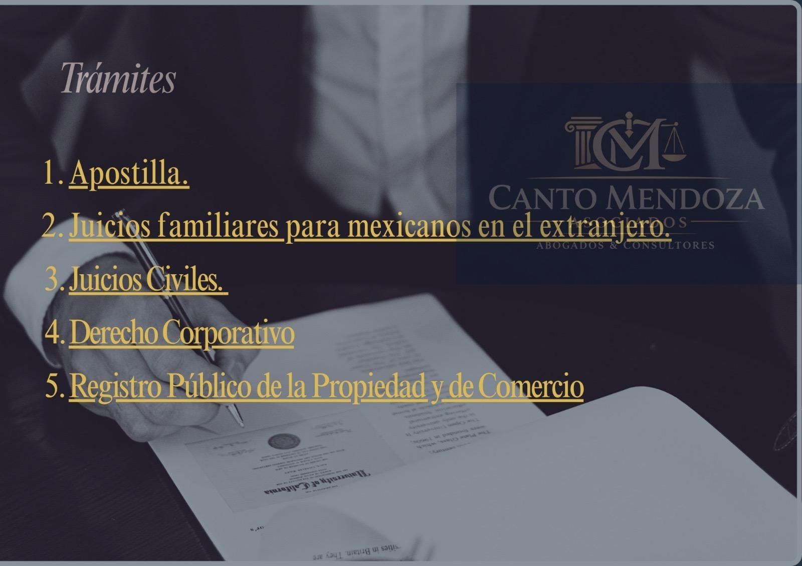 Legal services menu for Canto Mendoza firm displaying Trámites list including Apostilla, Juicios Familiares, and other legal services with document shown on desk