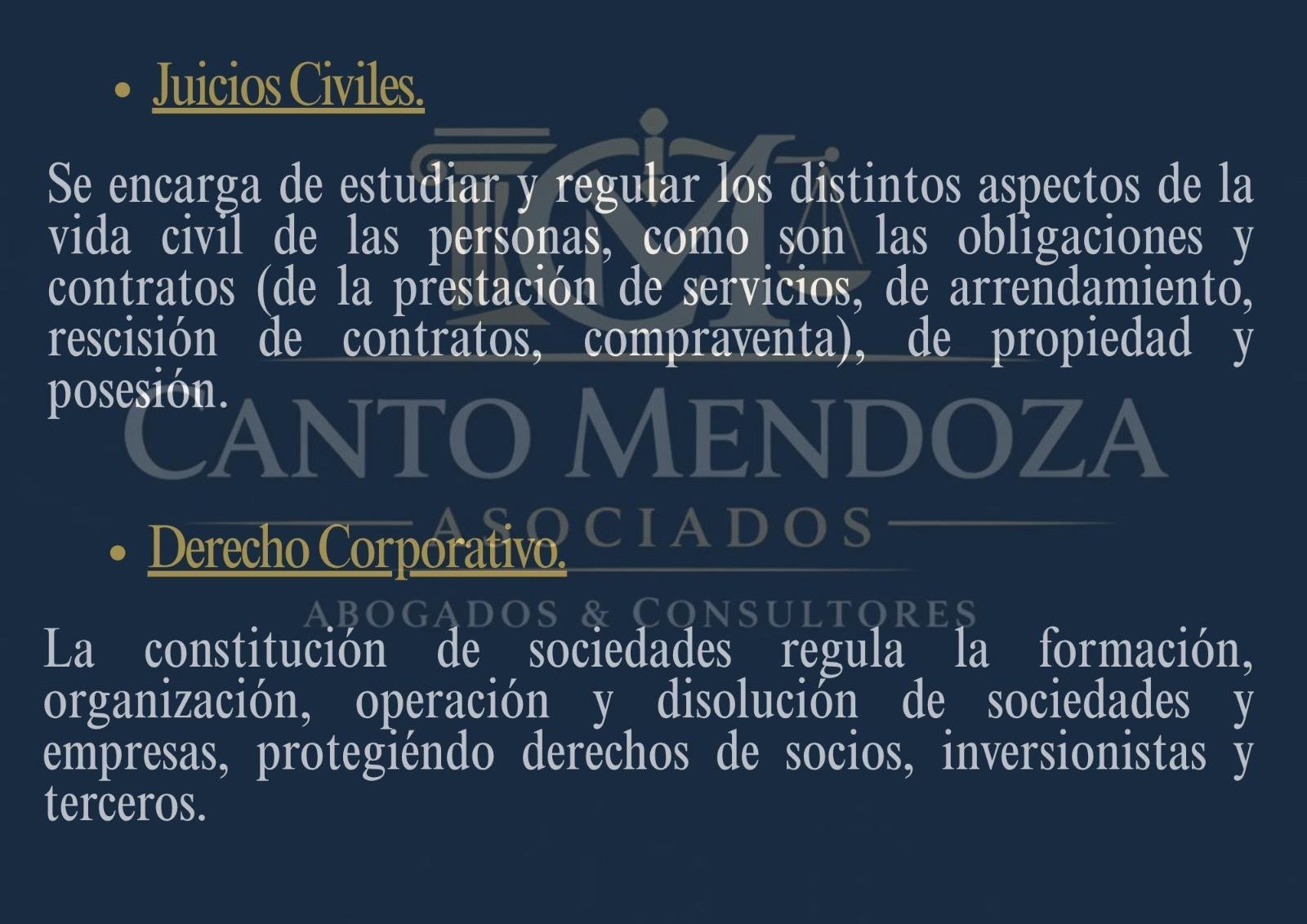 Educational text about civil law and corporate law with lawyer name Canto Mendoza on dark blue background
