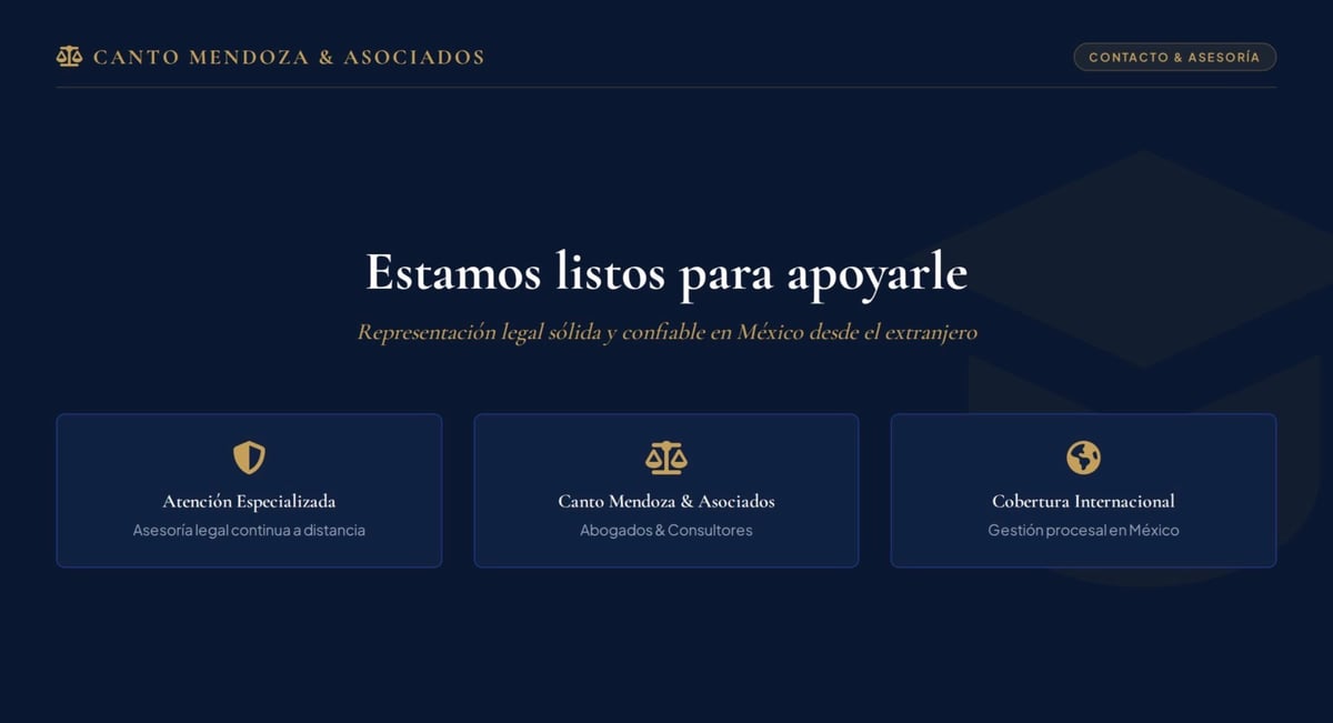 Canto Mendoza and Asociados law firm website showing three practice areas Asuntos Especializados Casos Mercantil and Asociados and Cobertura Internacional