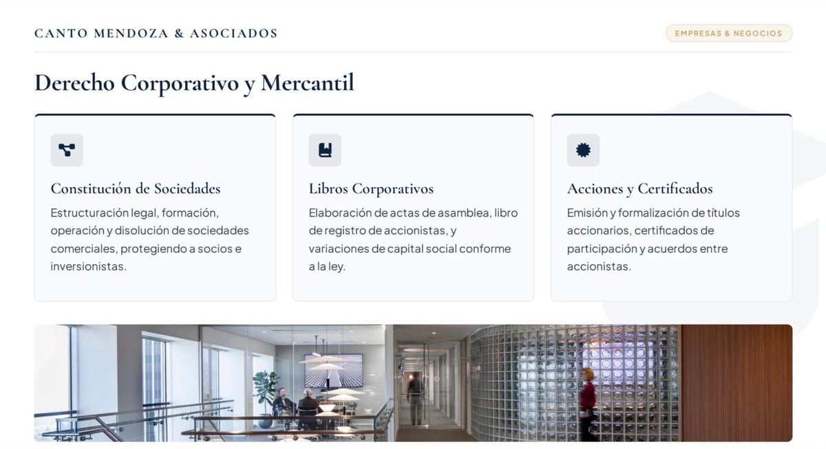 Law firm website banner showing Canto Mendoza and Asociados corporate and commercial law services with office interior images