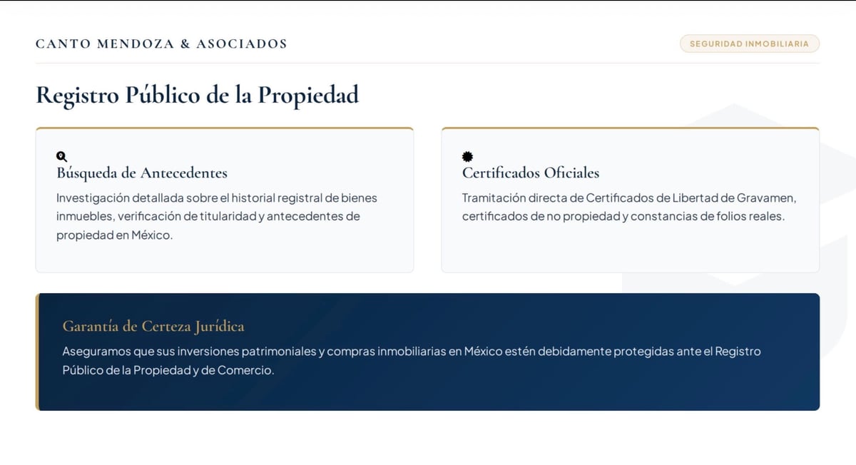 Legal document page from Canto Mendoza and Asociados showing Public Property Registry information in Spanish with sections for antecedents certificates and legal guarantee