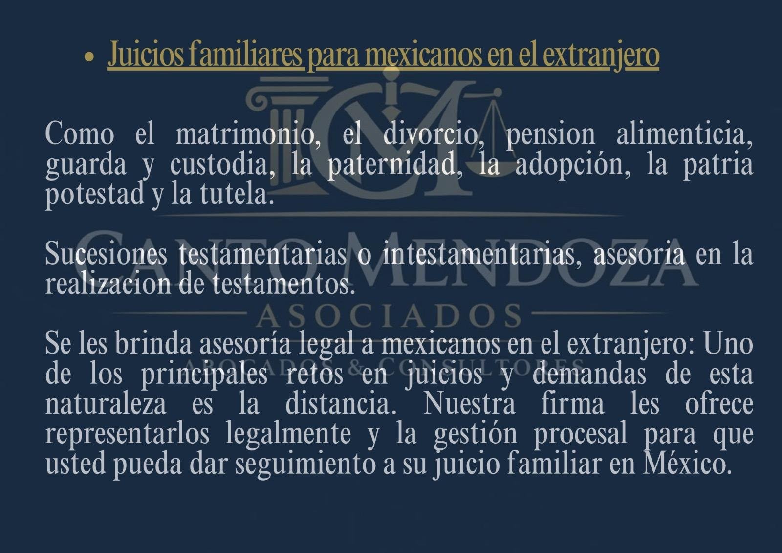 Legal services information for Mexicans abroad, including family law matters and inheritance succession services in Spanish