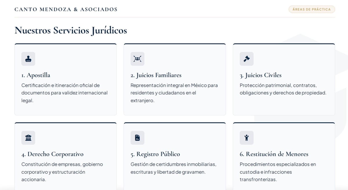 Six legal services offered by Canto Mendoza and Asociados including Apelacion, Juicios Familiares, Juicios Civiles, Derecho Corporativo, Registro Publico and Restitucion de Menores