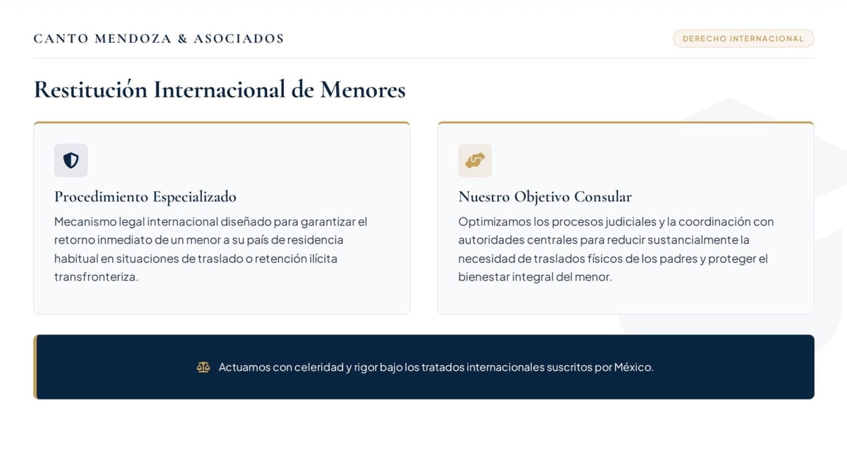 Webpage section for International Restitution of Minors service from Canto Mendoza and Asociados law firm